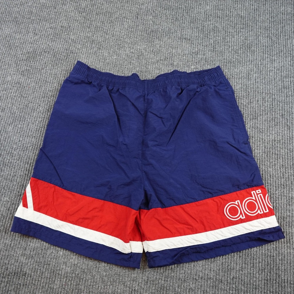 Vintage Adidas Shorts Mens XL Blue Red Colorblock 8 Inseam Nylon Drawstring